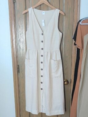 GAP Women's Cream sleeveless button front flax linen midi dress with pockets
